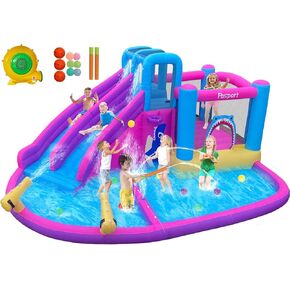 FBSPORT Inflatable Bounce House Double Slide, Water Slide Park Bouncer Castle with Water Gun, Climbing Wall, Jumping and Splash Pool, Kids Bouncy Castle with 550W Air Blower for Outdoor Backyard