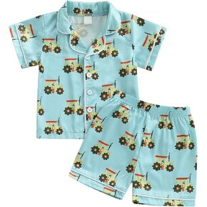 Biayxms Toddler Boy Silk Pajamas Set Button Down Dinasour Long Sleeve Shirts Tops and Pants Two Piece Satin Pj Lounge Sets