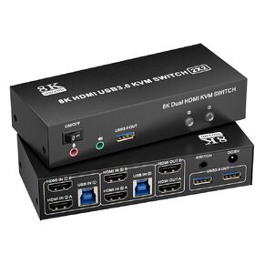 HDMI KVM Switch 2 Monitors 2 Computers 8K@60Hz, Dual Monitor Switch for 2 Computers,Support Extended/Mirror Mode SD/TF Card,4 USB 3.0 Port for Keyboard Mouse Supports SD/TF Card,Desktop Controller