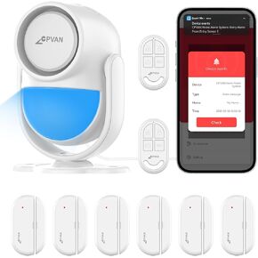 نظام إنذار منزلي CPVAN، إنذار مستشعر حركة WiFi PIR، إنذار لاسلكي للباب/النافذة الذكي DIY لأمن المنزل مع تنبيه تطبيق الهاتف 9 قطع (مضيف إنذار PIR داخلي، 6 أجهزة استشعار للأبواب، 2 جهاز تحكم عن بعد)