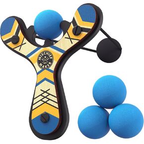 Mischief Maker® Wooden Slingshot - Classic Series - Real Wood Slingshot for Kids, 4 Soft Foam Balls and Storage Bag - Ages 4+ (Blue)