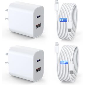iPad Charger 2 Pack 20W Dual Port QC + PD 3.0 Power Adapter Fast Wall Charger Block with 6FT&10FT Lightning Cord Cable for iPad 9/8/ 7 Generation, iPad Air, iPad Mini, iPad Pro, iPhone