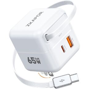 65W USB C Block Charger مع كابل USB C قابل للسحب ، شاحن السفر مع منفذ مزدوج ، PDS PPS QC الشحن السريع شحن الجدار القابل للطي على iPhone 16 15 Pro Max/Plus ، Pad ، Macbook Air ، Galaxy والمزيد