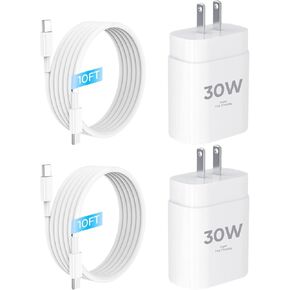 30W USB C FAST ARCHER COMPATION IPhone 16/16 Plus/16 Pro/16 Pro Max/iPhone 15/15 Pro Max/iPad Pro/AirPods ، PD USBC Fast Charging Clock Wall Slabe مع كابل من النوع C إلى C من النوع C إلى C ، 2 Pack