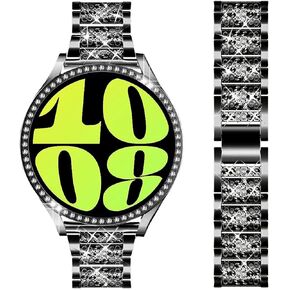 Bands Compatible with Samsung Galaxy Watch 6 40mm / 44mm / Galaxy 6 Classic 43mm / 47mm, 20mm Bling Rhinestone Metal Strap with Diamond protective case Replacement for Women Men (Silver)