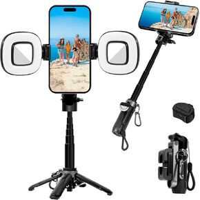 3-in-1 Mini Phone Tripod, Selfie Stick and Phones Holder, Tripods Phone with Remote Control, Lightweight Travel Tripod with 2 Lights, Compatible with 4-7 Inch iOS/Android Phones