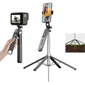Phone Tripod with Ground Spike Stake, 71" Portable Outdoor Selfie Stick with Detachable Wireless Remote, Extendable Tall Travel Tripod for Golf, Hiking, Vlogging