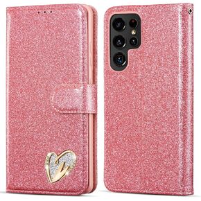 Qltypri Case لـ Samsung Galaxy S24 ، Bling Glitter Glitter Flip Folio Case Full -Body Cover Card Slots Acture Magnetic Kickstand Strap للنساء Girls S24 - Pink in Kuwait