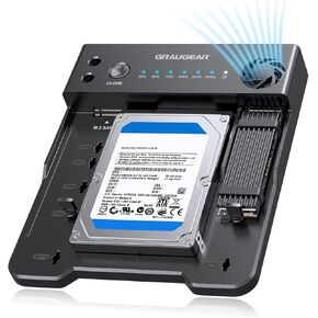 GRAUGEAR M.2 NVMe & SATA SSD/HDD Docking Station, USB-C 10Gbps Clone Station for M.2 PCIe NVMe + SATA 2.5"/3.5" SSD & HDD Converter, Offline Cloning, Tool-Free, Built-in Cooling Fan