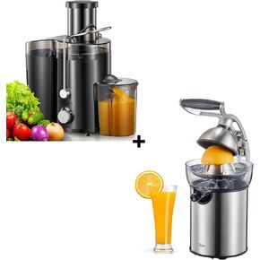 QCen 800W Juicer Machine Metallic Black and Electric Citrus Juicer Squeezer Bundle