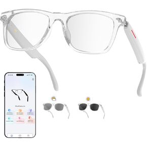 AI Translator Smart Glasses for Men Women, Bluetooth Audio Glasses with Photochromic Transition Lenses, Voice Assistant, Open Ear Lighweight Eyeware, White