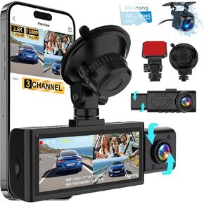 Dash Cam Front Rear and Inside, 3 Channel Dual Dash Camera for Cars WiFi 2.5K Dashcams for Car W/ 64GB Card,1440P Dashcam Front+1080P Inside Car Camera+1080P Rear Car Dash Cam,G-Sensor,IR Night Vision