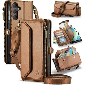Crossbody Wallet Case Compatible with Samsung Galaxy A16 5G RFID Blocking Card Holder Soft PU Leather Magnetic Snap Shoulder Strap Zipper Pocket Phone Case Fit for Galaxy A16 6.5" - Brown
