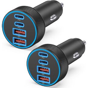 [4 in 1] USB C Car Charger, 4-Port 90W Super Fast Charging Cigarette Lighter Adapter, Dual 45W USBC & USB-A Multiport Car Phone Charger Accessories for iPhone 16e 16 15 14 13 12, iPad, Samsung Tablet