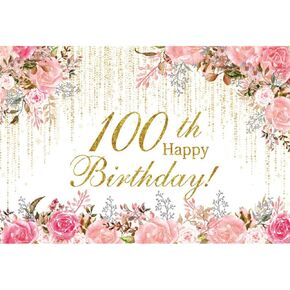 Happy 90th Birthday Backdrop Pink Watercolor Floral Golden Curtains Backdrop for Women Grandma Theme Birthday Party Decorations Banner Stylish Photography Background Studio Props 7x5ft
