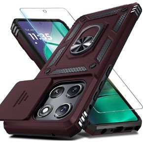 جراب لهاتف Motorola Moto G Stylus 5G 2024 مدمج بغطاء عدسة كاميرا منزلق + واقي شاشة + حامل حلقة الإصبع، غطاء هاتف واقٍ كامل الجسم مقاوم للصدمات شديد التحمل، أسود