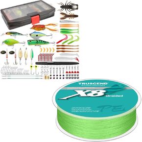 TRUSCEND Fishing Lures Accessories Kit with Tackle Box and Braided Fishing Line 20lb 300yds - Fishing Hooks Minnow Crankbait Frog Popper Lure Worm Fishing Spoon Spinner Bait - Fishing Gifts for Men
