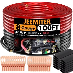 Jeemiter 8 Gauge Wire (50ft Each- Black/Red) Copper Clad Aluminum - Primary Automotive Wire Power/Ground, Battery Cable with Lugs Terminal Connectors and Heat Shrink Tube Electrical 8ga AWG 100 Feet