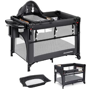 ELEMARA 5 in 1 Pack n Play,1-step Opening Foldable Baby Bassinets Bedside Sleeper with 4 Adjustable Height,Nursery-Center Baby Playpen,Changing Table,Ziper Door/Baby Crib,Playard,Travel Carry Bag,Gray