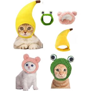 3 Pcs Cat Hat Cat Costume,Adjustable Pet Headwear Cat Banana Hats Cat Frog Hats,Cat Warm Pink Bear Hat,Kitten Hats for Halloween Party Birthday Theme
