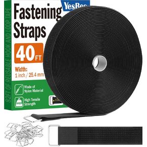 1" x40ft Hook and Loop Straps with 20 Metal Buckles, Adjustable Fastening Cinch Straps, Cut to Length Cable Straps, Reusable Nylon Straps 1 Inch Wide for Organizer or Storage, Black