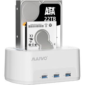 MAIWO Dual Bay Hard Drive Docking Station with Offline Clone for 2.5 3.5 Inch SATA HDD SSD, 3X USB 3.0 Hub Extension, 48TB Capacity, External Hard Drive Duplicator Cloner, White