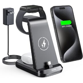 3 in 1 Charging Station for Apple：USB C Charger for iPhone 16/15/Plus/Pro/Max【Not for iPhone 14 or Earlier】, Wireless Charger for Apple Watch Ultra 2/Ultra/SE/10/9/8/7/6/5/4/3/2 & AirPods 4/3/2/Pro
