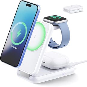 iVANKY 3 in 1 Foldable Wireless Charging Station for MagSafe Magnetic Charger, Travel Stand Charge Multiple Devices for iPhone 16 15 14 13 12 Pro Max Plus for Apple Watch Ultra SE & Airpods Pro/3/2