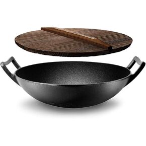 NutriChef Cast Iron Wok with Wooden Lid - Pre-Seasoned Chinese Wok for Stir-Fry, Compatible with Multiple Cooktops Including Induction, Large 5.8 Qt Capacity, 12" Diameter