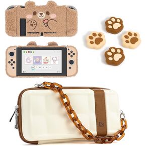 GeekShare Vintage Switch Carry Case, Plush Bear Switch Protective Case & Thumb Grip Caps Compatible with Nintendo Switch