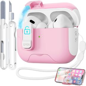for AirPods Pro Case with Phone Stand,Secure Lock Case Compatible with Airpods Pro 2nd/1st Generation Case, Pink Case Cover with Cleaner and Lanyard for Women Girly, Auto Open, Drop-Proof
