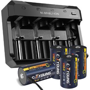 Rechargeable D Batteries 4 Packs High Capacity 11000mWh 1.5 Volt USB Lithium D-Cell with Universal Battery Charger for All Batteries AA AAA C D
