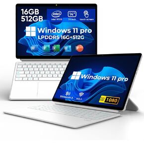Eyy 14 "2 في 1 جهاز كمبيوتر محمول من شاشة تعمل باللمس ، Intel N100 (حتى 3.40 جيجا هرتز) ، 16 جيجا بايت LPDDR5 512GB SSD Windows Tablet ، 16:10 1920*1200 كمبيوتر محمول ، WiFi 6 ، BT5.2 ، HDMI ، Windows 11 Pro ، Backlit Keyboard ، Camera Camera