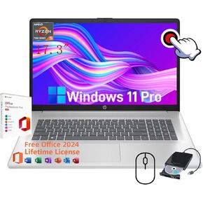 HP 17 Laptop Computer for Business Students - with 2024 Office Lifetime License & External CD/DVD Drive, 17.3 inch FHD 250 Nits Display, Win 11 Pro, AMD Ryzen 5 7430U, Webcam (32GB RAM | 1TB SSD)