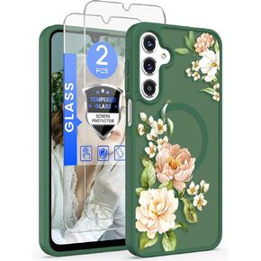 for Samsung Galaxy A16 5G Floral Phone Case with 2X Screen Protector, Military Grade Magnetic Translucent Matte Girls Women Flower Pattern Protective Cover for A16 5G (Deep Purple)