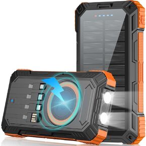 Solar Charger Power Bank 49800mAh Wireless Portable Phone Charger, 22.5W QC3.0 Fast Charging Built in 4 Cables with USB C 6 Outputs & 2 Inputs for Cell Phone Orange
