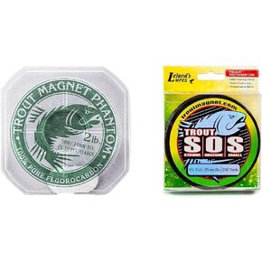 Trout Magnet Phantom Fluorocarbon Leader Line 50M 2lb, 3lb, 4lb and Trout Magnet S.O.S. Fishing Line 350 yds 2 lb