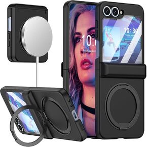 Designed for Galaxy Z Flip 6/5 Case Magnetic with Hinge Protection& Screen Protector & Kickstand [Compatible with MagSafe],Slim Protective Phone Case Cover for Samsung Galaxy Z Flip 6/5 (Black)
