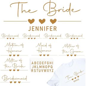 Glenmal 26 PCS Gold Bride Iron on Patch Heat Transfer Vinyl مجموعة وصيفات الشرف الحديد على رسائل نقل حرارة الشرف ، اسم شارات شخصية مخصصة لملابس حفل زفاف THERT