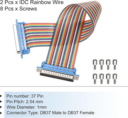 MECCANIXITY 2 Pcs IDC Rainbow Wire Flat Ribbon Cable DB37 Male to DB37 Female 11.8 Inch Length 2.54mm Pitch Breadboard Jumper Wires for Electronic Projects in Kuwait