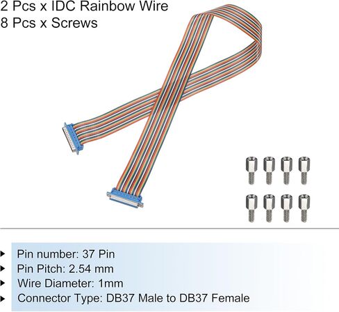 MECCANIXITY 2 Pcs IDC Rainbow Wire Flat Ribbon Cable DB37 Male to DB37 Female 11.8 Inch Length 2.54mm Pitch Breadboard Jumper Wires for Electronic Projects in Kuwait