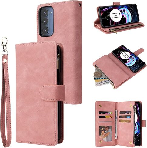 علبة هاتف Lbyzcase لـ Motorola Edge | 2021 | ، Motorola Edge (2021) Case Wallet ، غطاء جلدي من الورقة الفاخرة [جيب السوستة] [حزام معصم] [Kickstand] لـ Motorola Edge 2021 (الأزرق) in Saudi Arabia