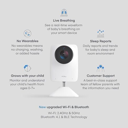 كاميرا مراقبة الأطفال الذكية Miku Pro (محدثة) مع حامل على الحائط - تتبع التنفس والنوم في الوقت الحقيقي، بدون اتصال مع تنبيهات فورية، الوعي بالنوم الآمن - تتطلب عضوية شهرية إضافية in Kuwait