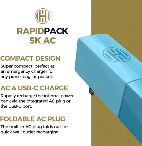 Halo RapidPack 5000AC Wall Charger Power Bank | Portable Charger, Built in AC Plug, USB & USB-C Fast Charging for Multiple Devices, Compact Design, TSA Air Travel Approved — Aqua in Saudi Arabia