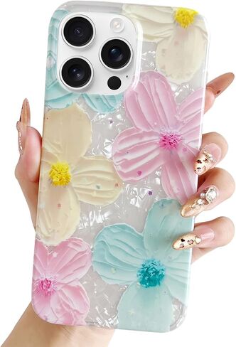 Jmltech for iPhone 16 Pro Max Case Floral Flowers Girly Pink Cute Women Shockproof Flower Oil Painting Aesthetic Flexible Silicone Phone Case for iPhone 16 Pro Max Rose Red in Saudi Arabia
