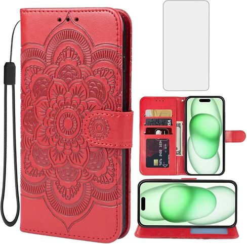 حالة iPhone 15 CASE 6.1 "، Apple 15 Wallet Case مع حامي شاشة الزجاج المقسى ، حامل بطاقة الائتمان من Mandala Leath in Kuwait