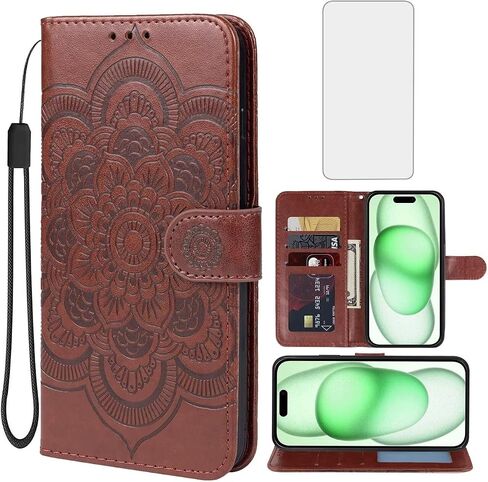 Case for iPhone 15 Case 6.1", Apple 15 Wallet Case with Tempered Glass Screen Protector, Mandala Leather Flip Credit Card Holder Stand Phone Cover Cases for iPhone 15 Green in Saudi Arabia
