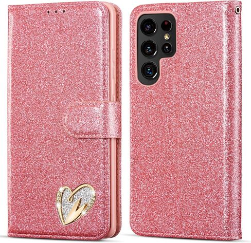 QLTYPRI Case for Samsung Galaxy S24, Bling Shiny Glitter Flip Folio Case Full-Body Protective Cover Card Slots Magnetic Closure Kickstand Wrist Strap for Women Girls S24 - Pink in Kuwait