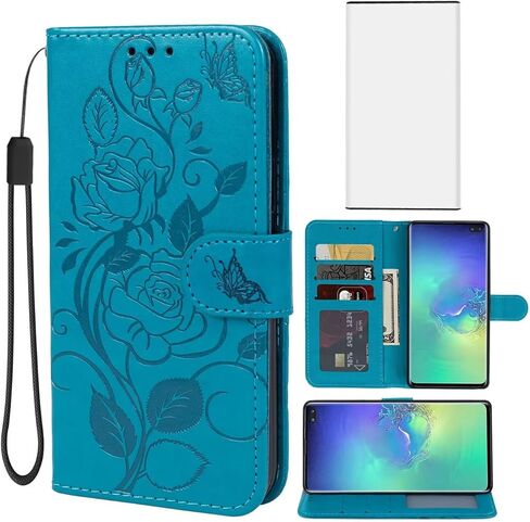 علبة محفظة Galaxy S10 Plus ، Samsung S10+ SM-G975U مع واقي شاشة زجاجي مزدحمة ، حامل بطاقة الائتمان من جلود زهرة من أجل Samsung Galaxy S10+ Rose Gold in Kuwait