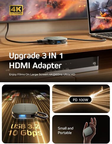 LISEN 3 in 1 HDMI Adapter, HDMI 4K@60Hz, USB 3.2 10Gbps, PD100W Fast Charge in Saudi Arabia
